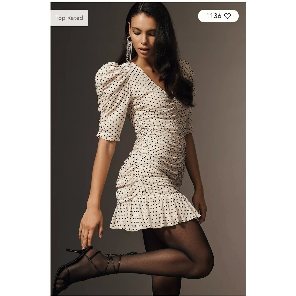 Anthropologie Maeve Polka Dot Ruched Puff Sleeve Mesh Dress NWT Cottagecore S